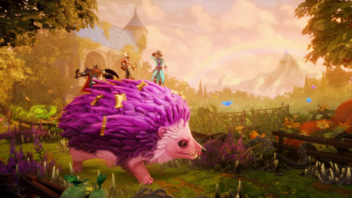 Pontius, Zoya, and Amadeus riding together on a giant hedgehog in Trine 5