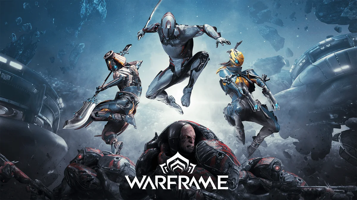 Warframes leaping into battle above a group of enemies