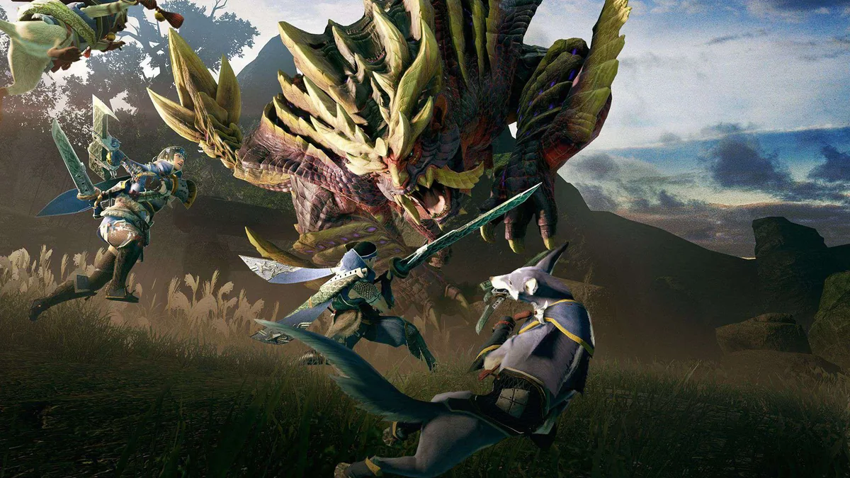Three hunters fighting Magnamalo in Monster Hunter Rise