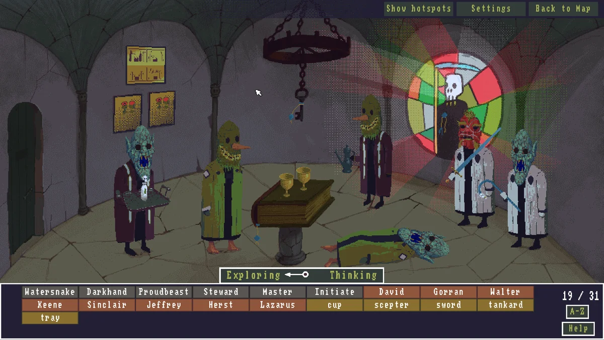 A Golden Idol investigation scene with masked figures, a fallen person, and a collected-word list beneath it