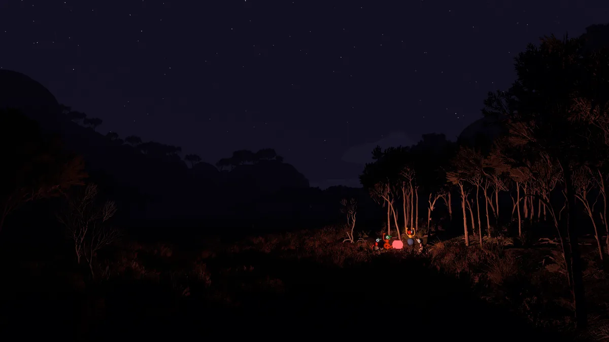 Four Big Walk characters gathered around a campfire in a dark forest
