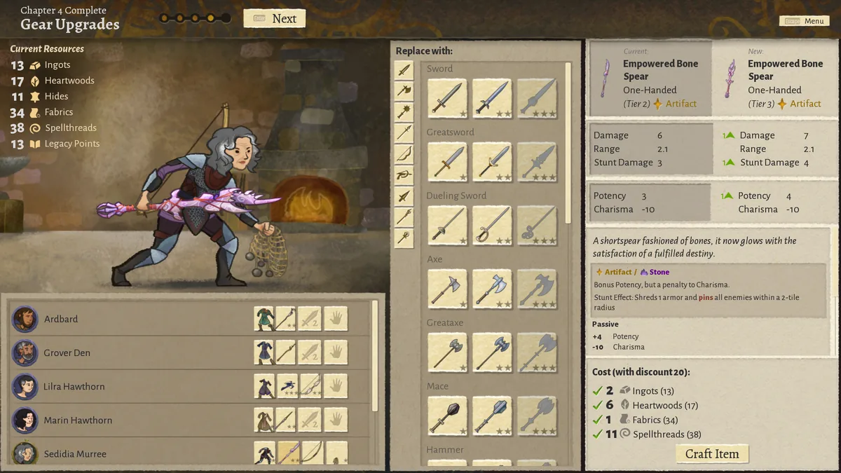 Wildermyth's chapter-end gear screen comparing one hero's current spear with its direct upgrade