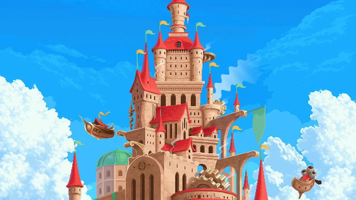 A flying castle above the clouds in Chained Echoes